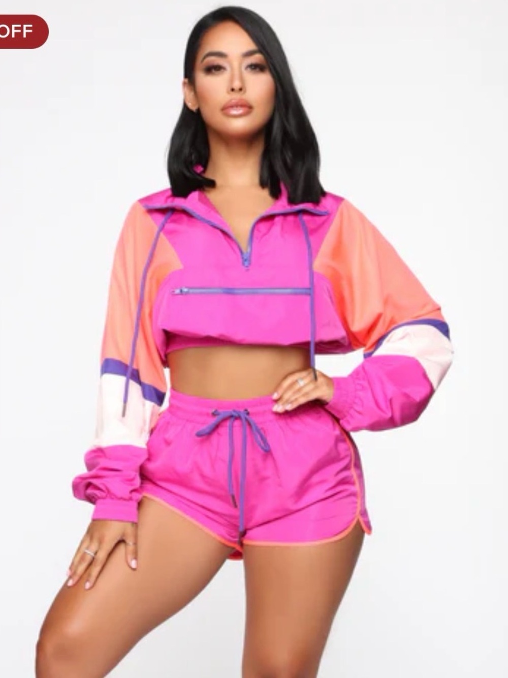 Fashion Nova vibrant magenta and orange color-blocked cropped windbreaker jacket